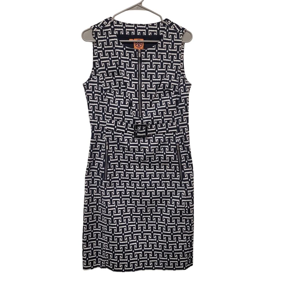 Tory Burch Geometric Sheath Dress Size 8 Blue White Sleeveless Work Office